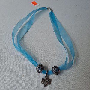 Blue Ribbon Choker with Rosicrucian Cross and Cross Balls
